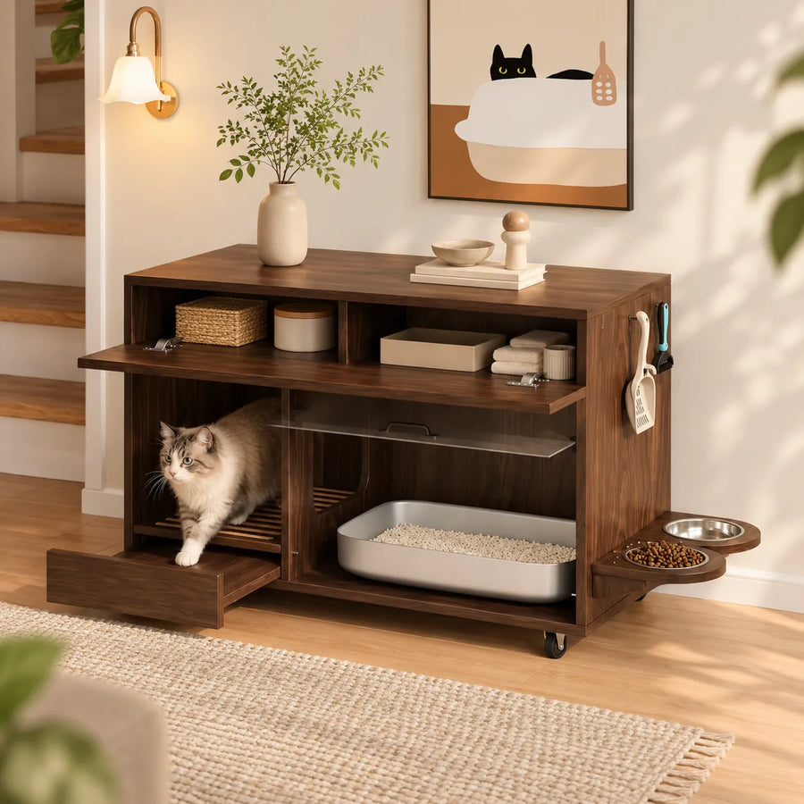 Litter Box Enclosure with Storage & Feeding Station — Ravn
