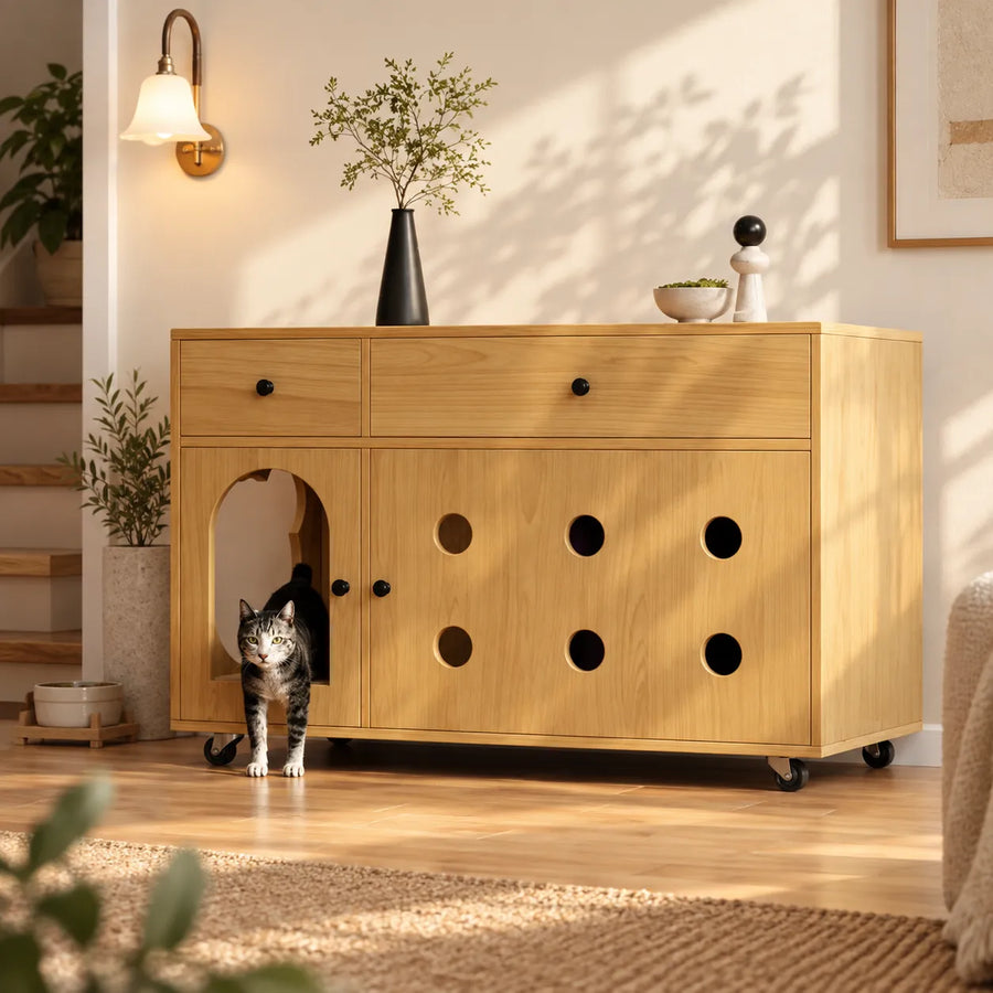 Litter Box Enclosure with Storage & Castors — Skap