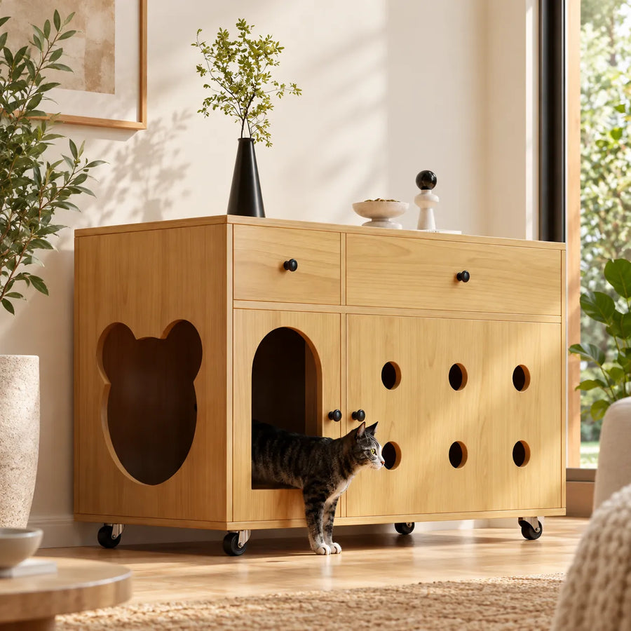 Litter Box Enclosure with Storage & Castors — Skap