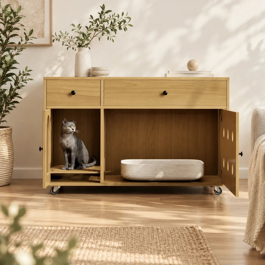 Litter Box Enclosure with Storage & Castors — Skap