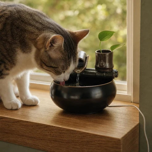Fontaine à eau chat cascade zen bambou — Elv