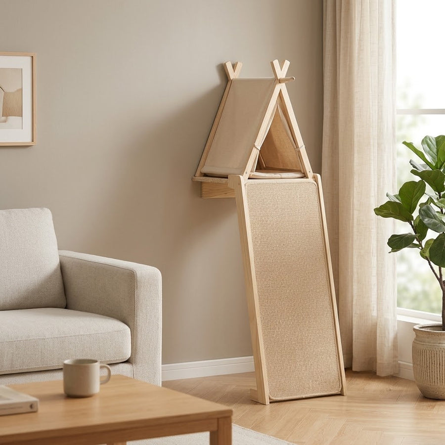 Wall-Mounted Cat Tree with Tent & Sisal Ramp — Hytte