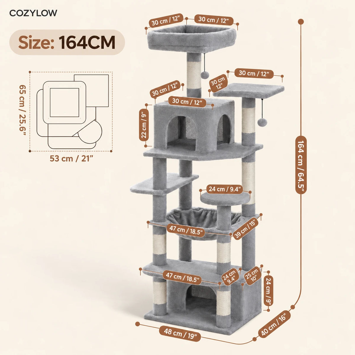 Dimensions de l’arbre à chat Alm — 164 cm