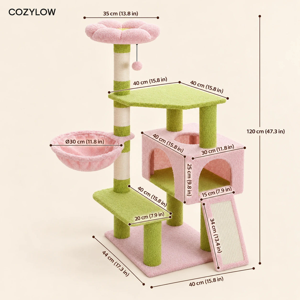 Dimensions de l’arbre à chat Blom