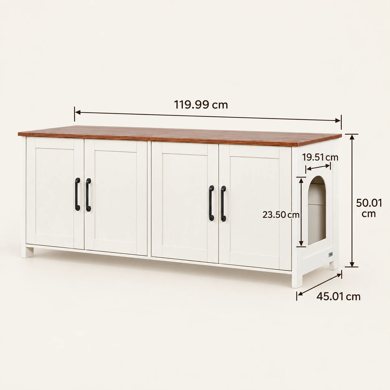 Dimensions du meuble cache-litière Flett blanc et bois