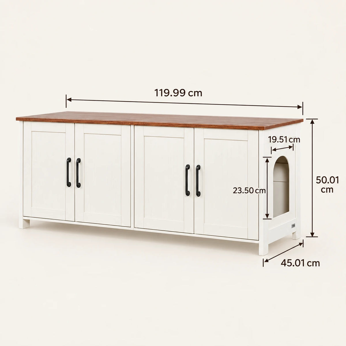 Dimensions du meuble cache-litière Flett blanc et bois