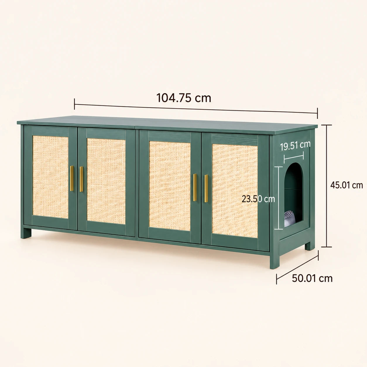 Dimensions du meuble cache-litière Flett vert rétro et rotin