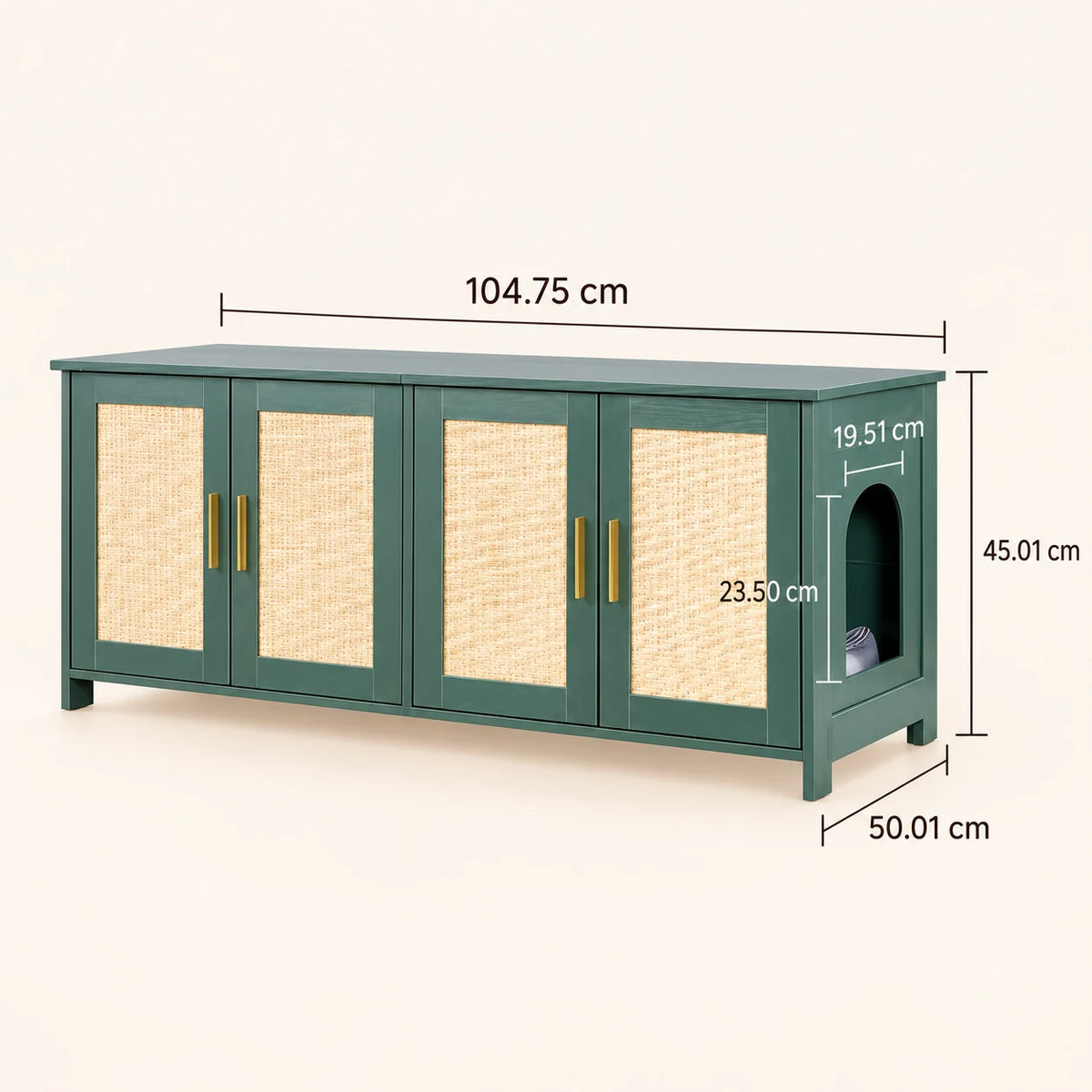 Dimensions du meuble cache-litière Flett vert rétro et rotin