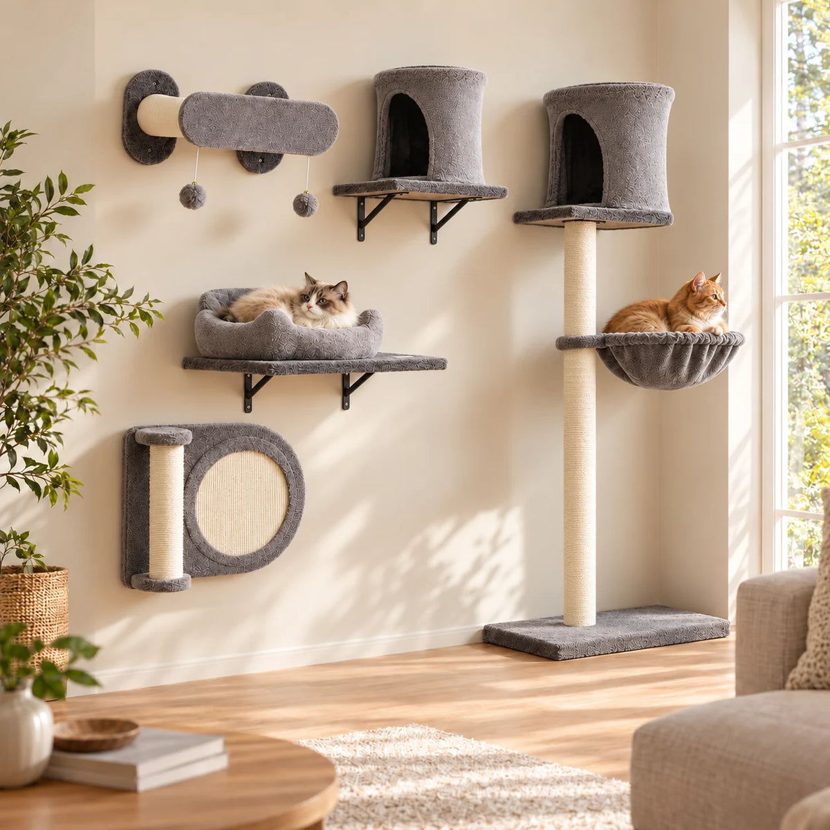 Parcours mural KLIPPE pour chats en situation dans un salon lumineux avec plusieurs chats