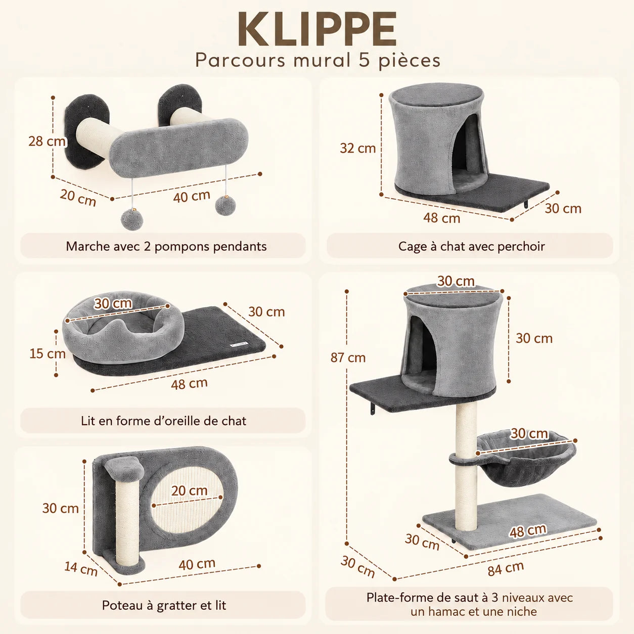 Dimensions et mesures des cinq modules du parcours mural KLIPPE COZYLOW