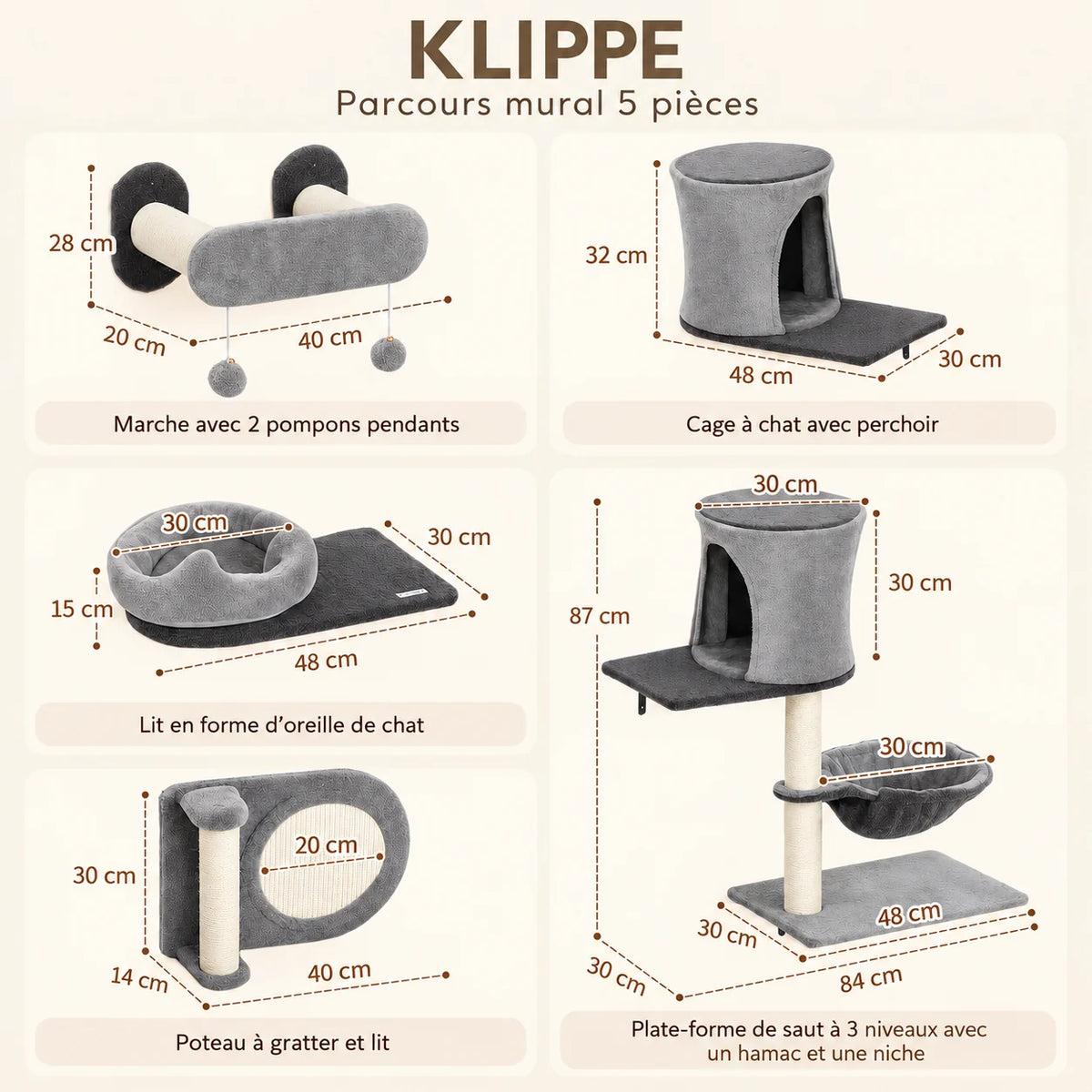 Dimensions et mesures des cinq modules du parcours mural KLIPPE COZYLOW