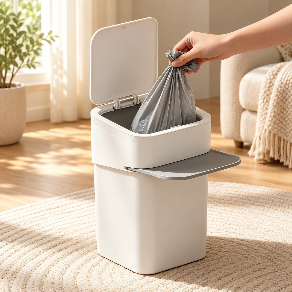 Poubelle à litière Lokk COZYLOW en situation, ouverture du couvercle et retrait du sac de déchets