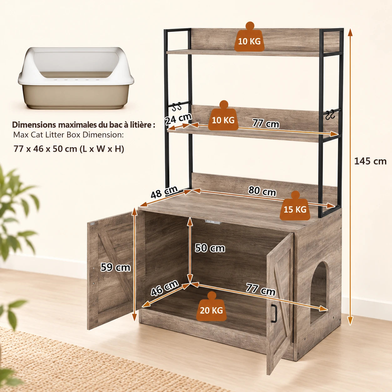 Dimensions du meuble cache-litière Reol