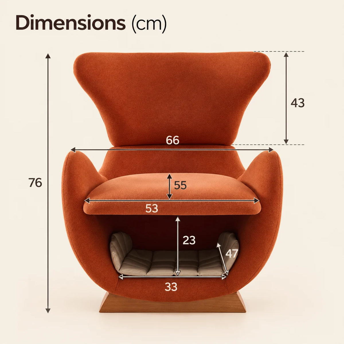 SAMMEN terracotta — schéma des dimensions en centimètres du fauteuil et de sa niche intégrée