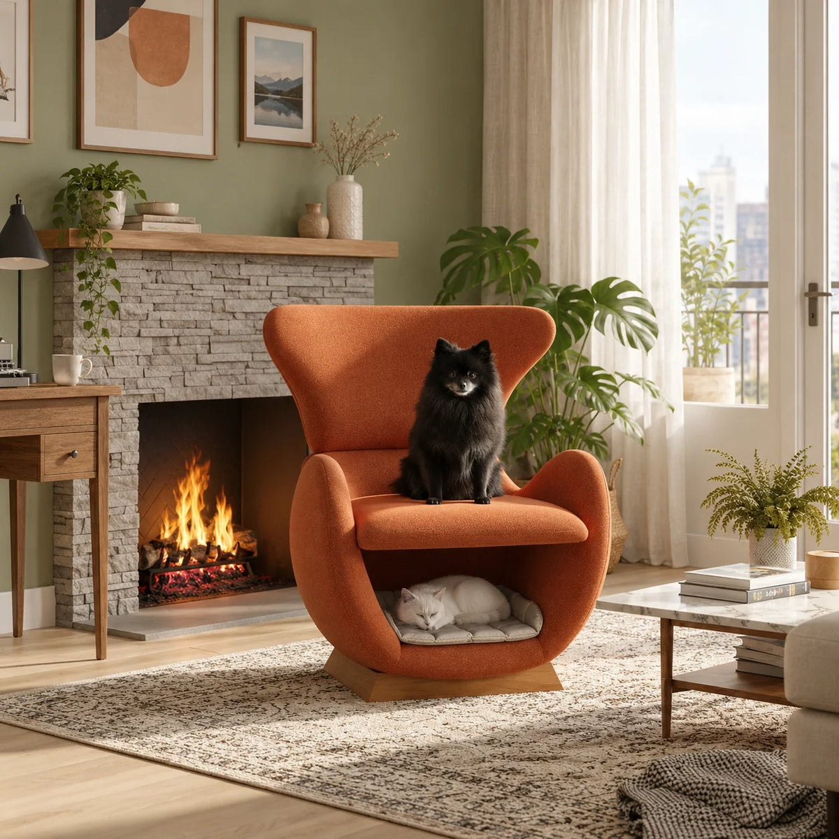 Fauteuil terracotta SAMMEN COZYLOW dans un salon, chat sur l'assise et niche intégrée en dessous