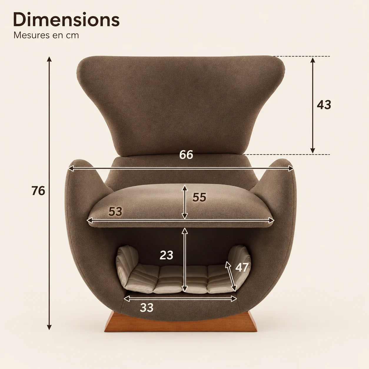 SAMMEN CAFÉ — infographie de dimensions du fauteuil et de la niche intégrée en centimètres