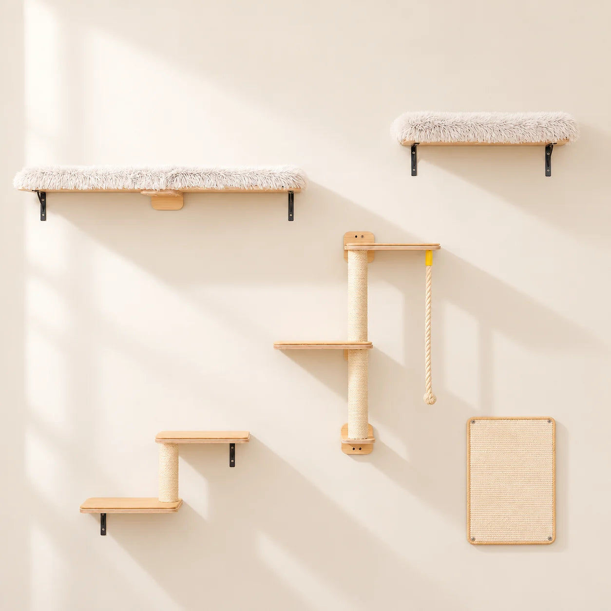 SPOR COZYLOW — parcours mural cinq en un pour chat, version beige en bois et sisal, vue d'ensemble