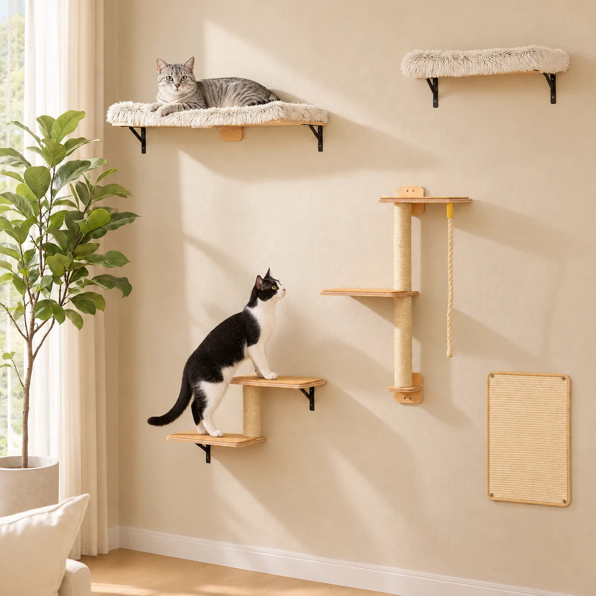 SPOR COZYLOW — parcours mural beige installé dans un salon avec chats en situation