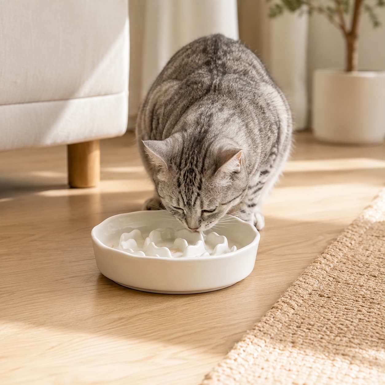 Gamelle anti-glouton en céramique Ro dans un coin repas pour chat