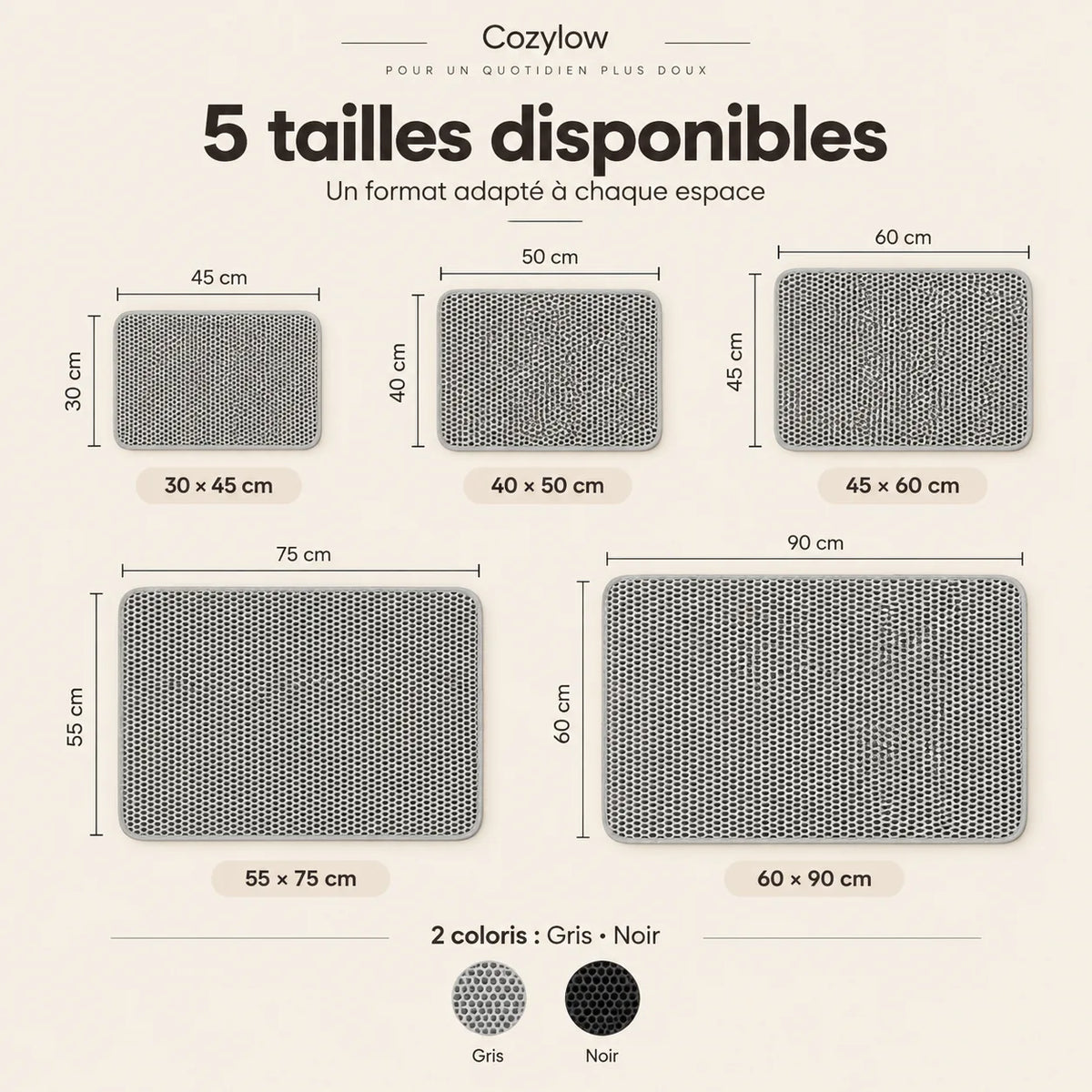 Guide des tailles du tapis de litière Korn