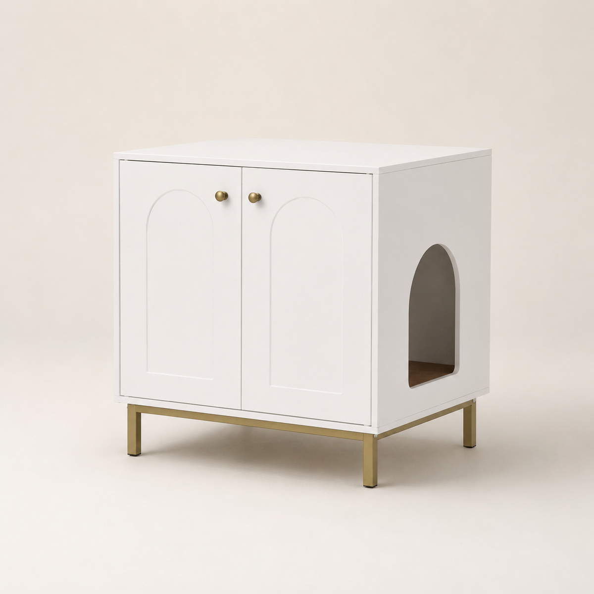 Meuble cache-litière blanc et or — Kube