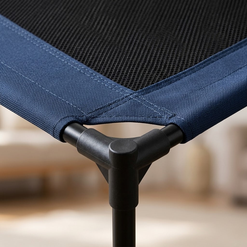 Bris raised dog bed — breathable fabric and frame detail