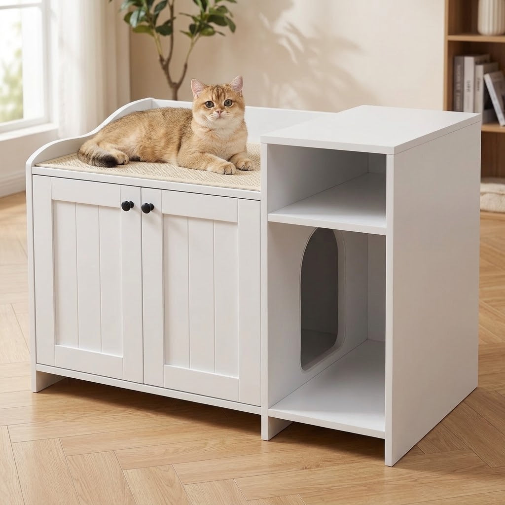 Hylle litter box cabinet — cat entrance detail