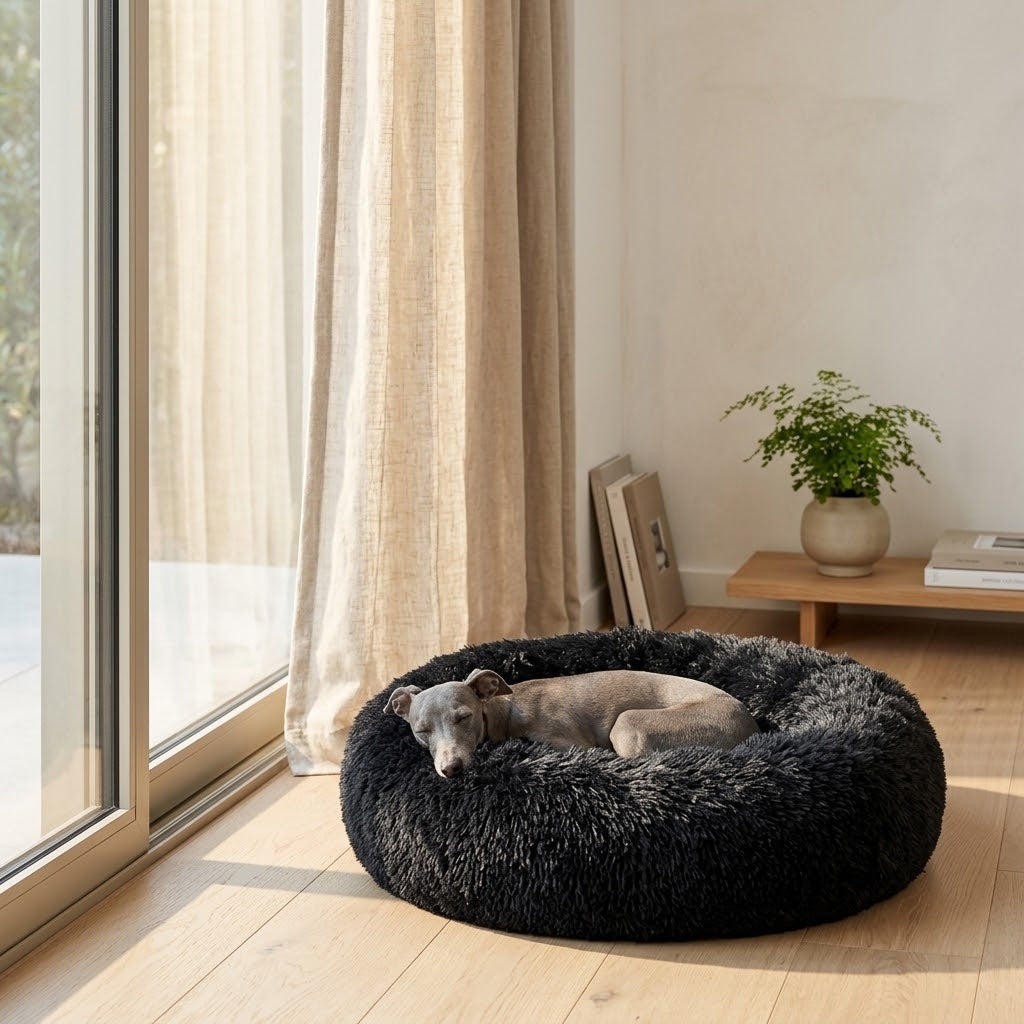 Dog resting in the Dvala donut bed