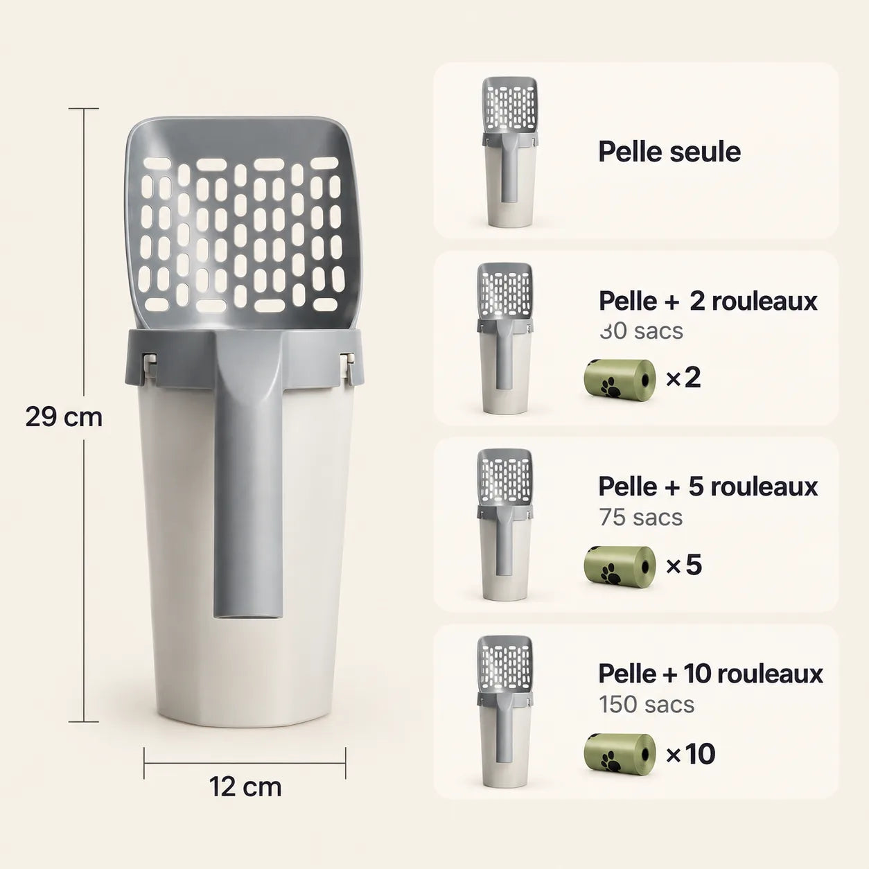 Configurations de la pelle à litière Rens