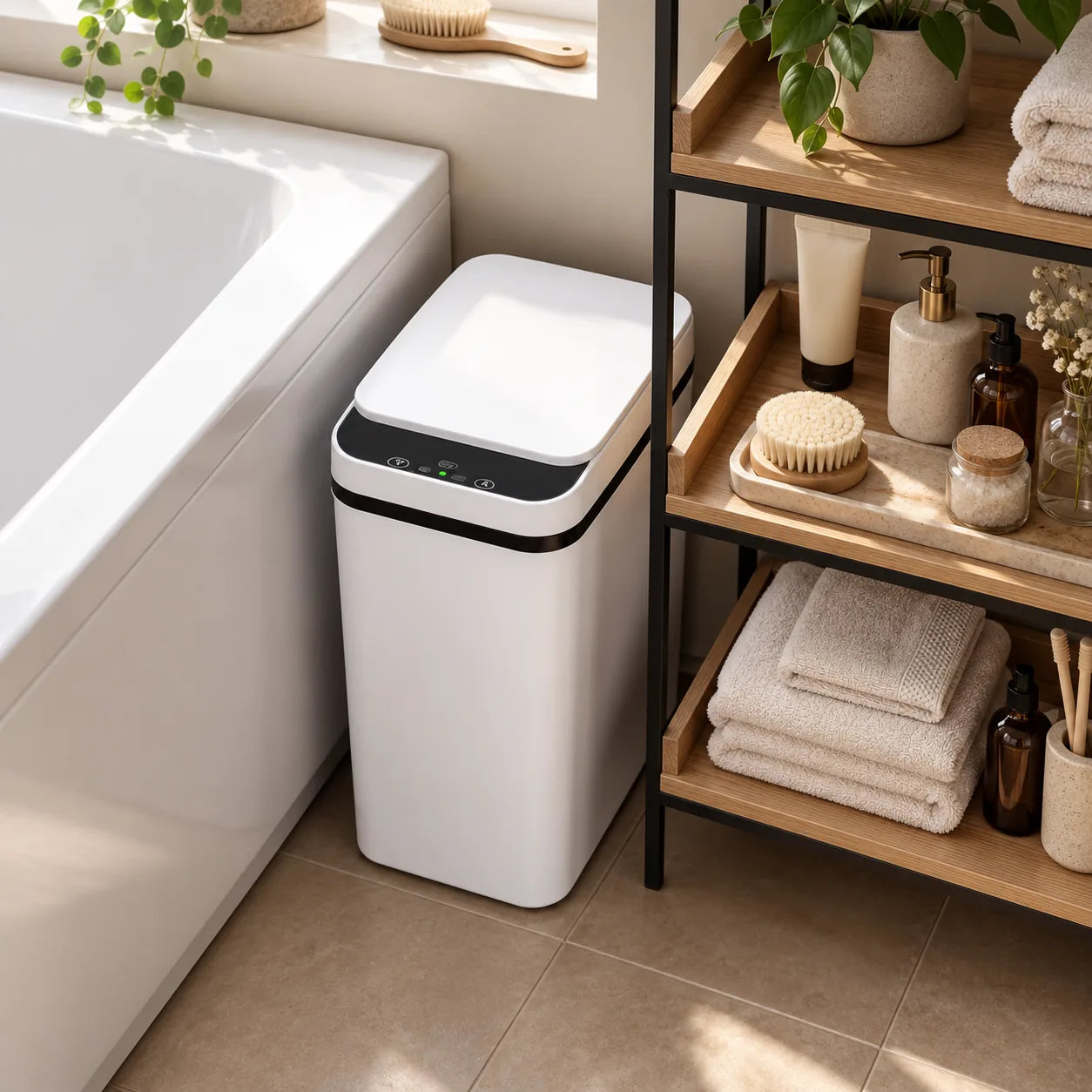 Poubelle automatique anti-odeurs Vakt dans une salle de bain